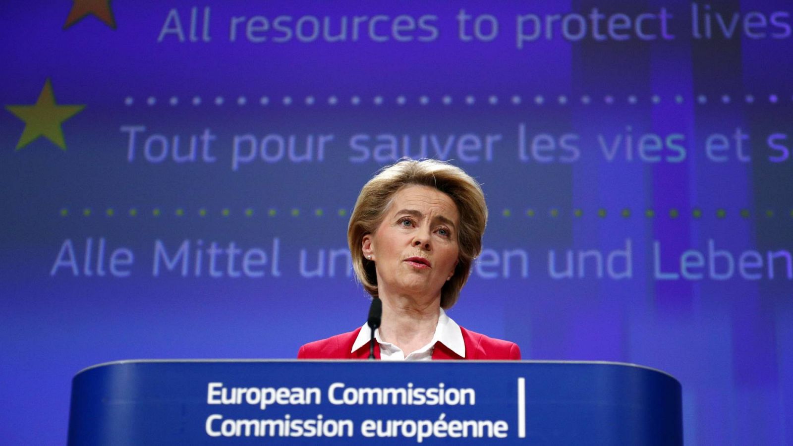 La presidenta de la Comisión Europea, Ursula von der Leyen, durante una rueda de prensa en Bruselas centrada en el coronavirus