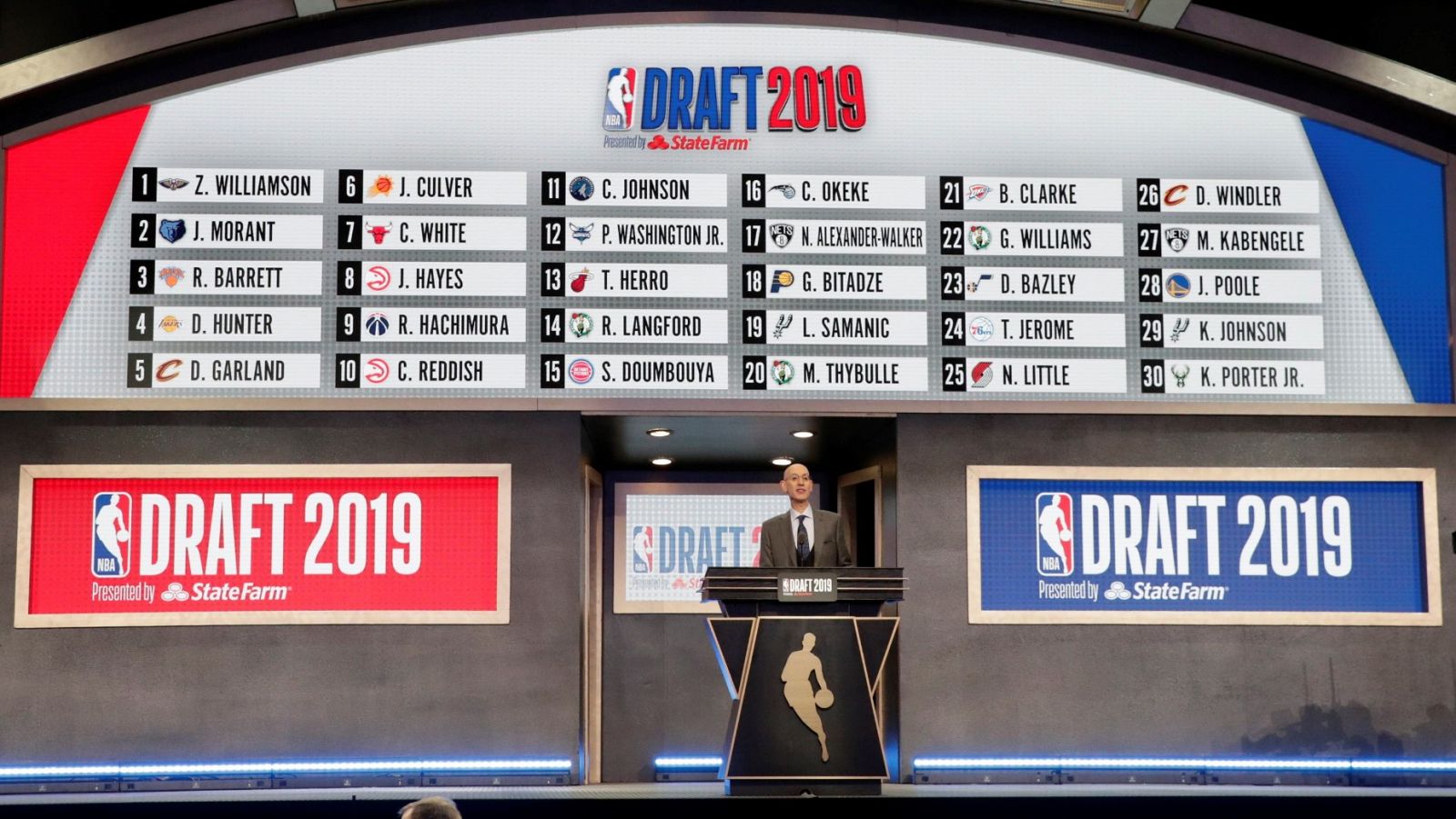 Adam Silver, comisionado de la NBA, en el draft 2019