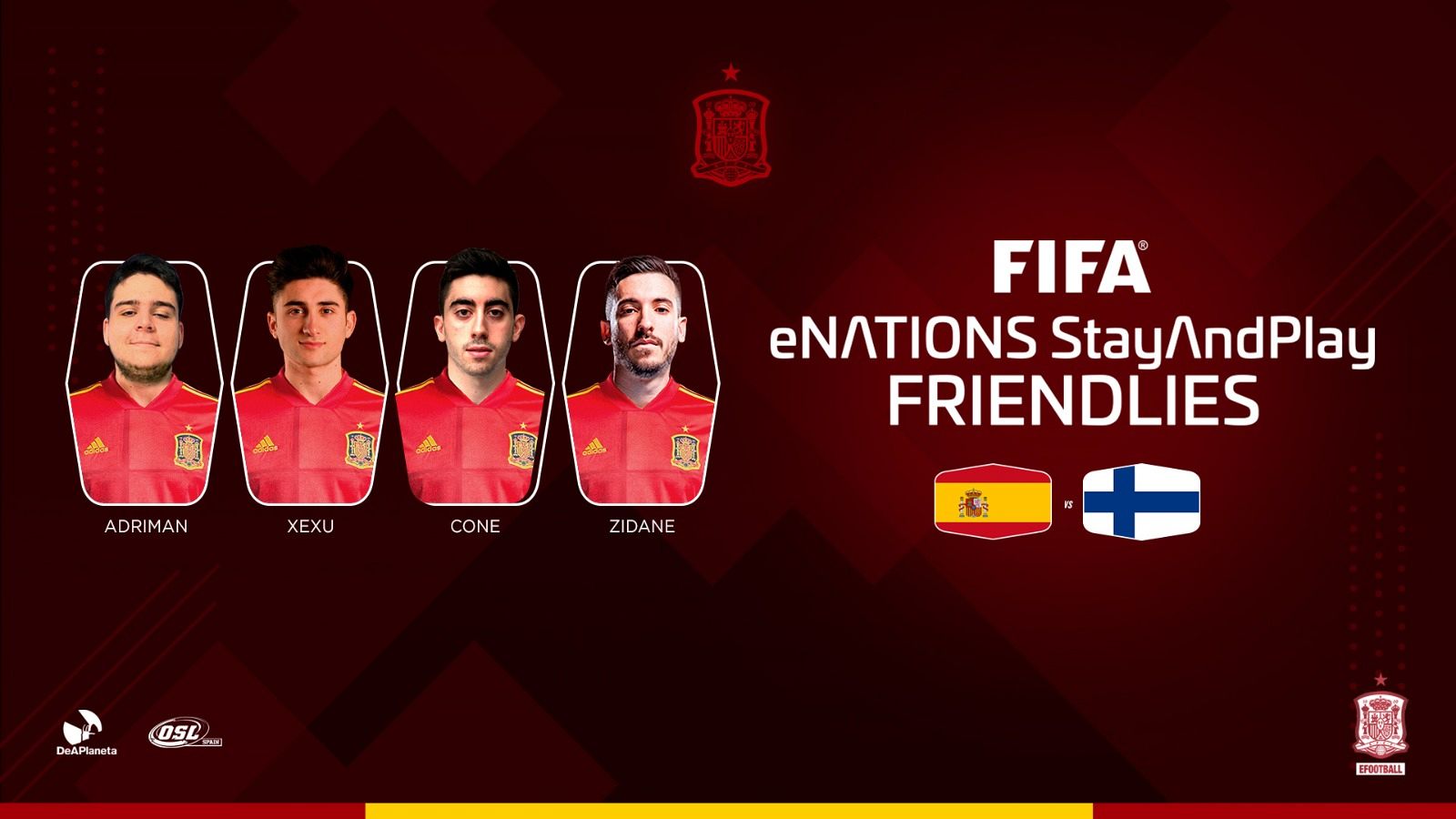 Los jugadores profesionales de FIFA, Adriman, Xexu, Cone y Zidane10, que representarán a España en el partido de 'efootball' contra Finlandia