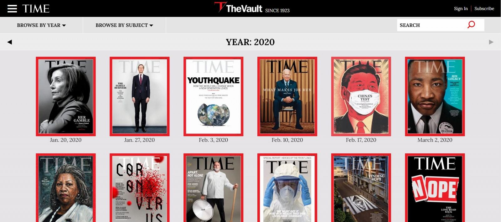 En la propia página de "Time" en la sección "The Vault", podemos consultar las portadas publicadas por la revista desde 1923