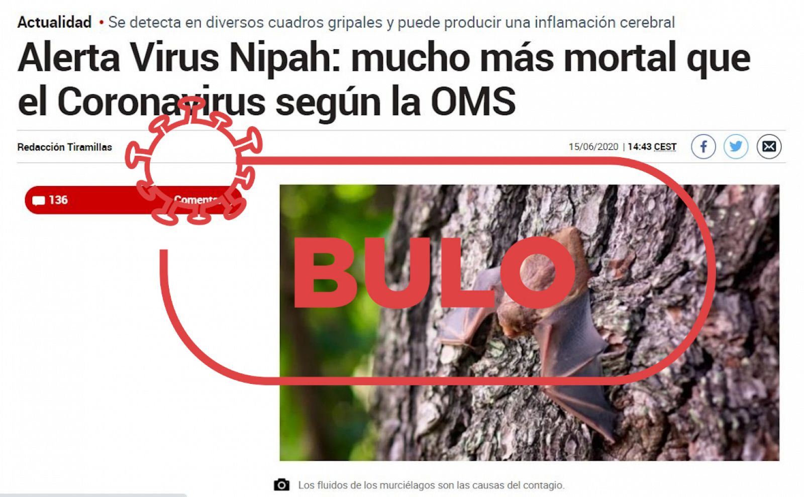 Captura de la noticia con el bulo sobre la alerta mundial por el virus de Nipah