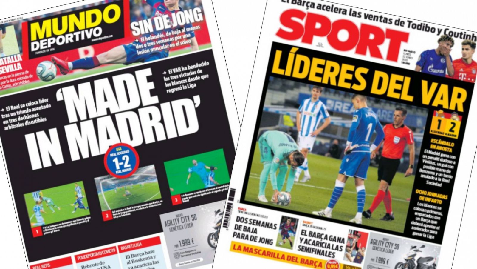 Portadas de la prensa deportiva catalana denunciando el trato de favor de los árbitros hacia el real Madrid en Anoeta.