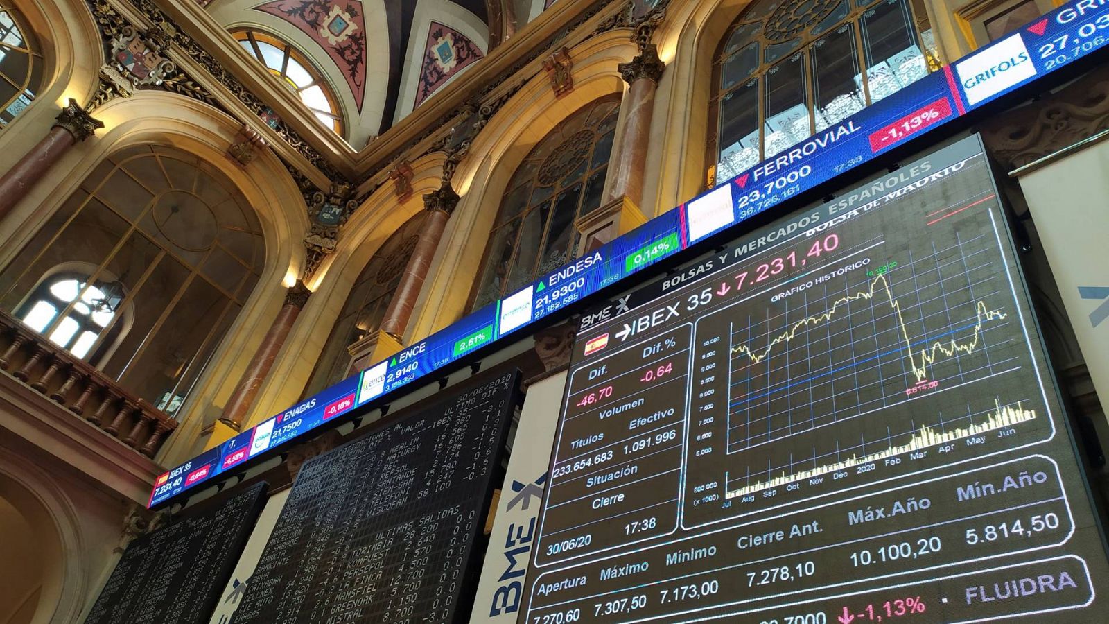 Una pantalla muestra el IBEX 35 este martes en la Bolsa de Madrid