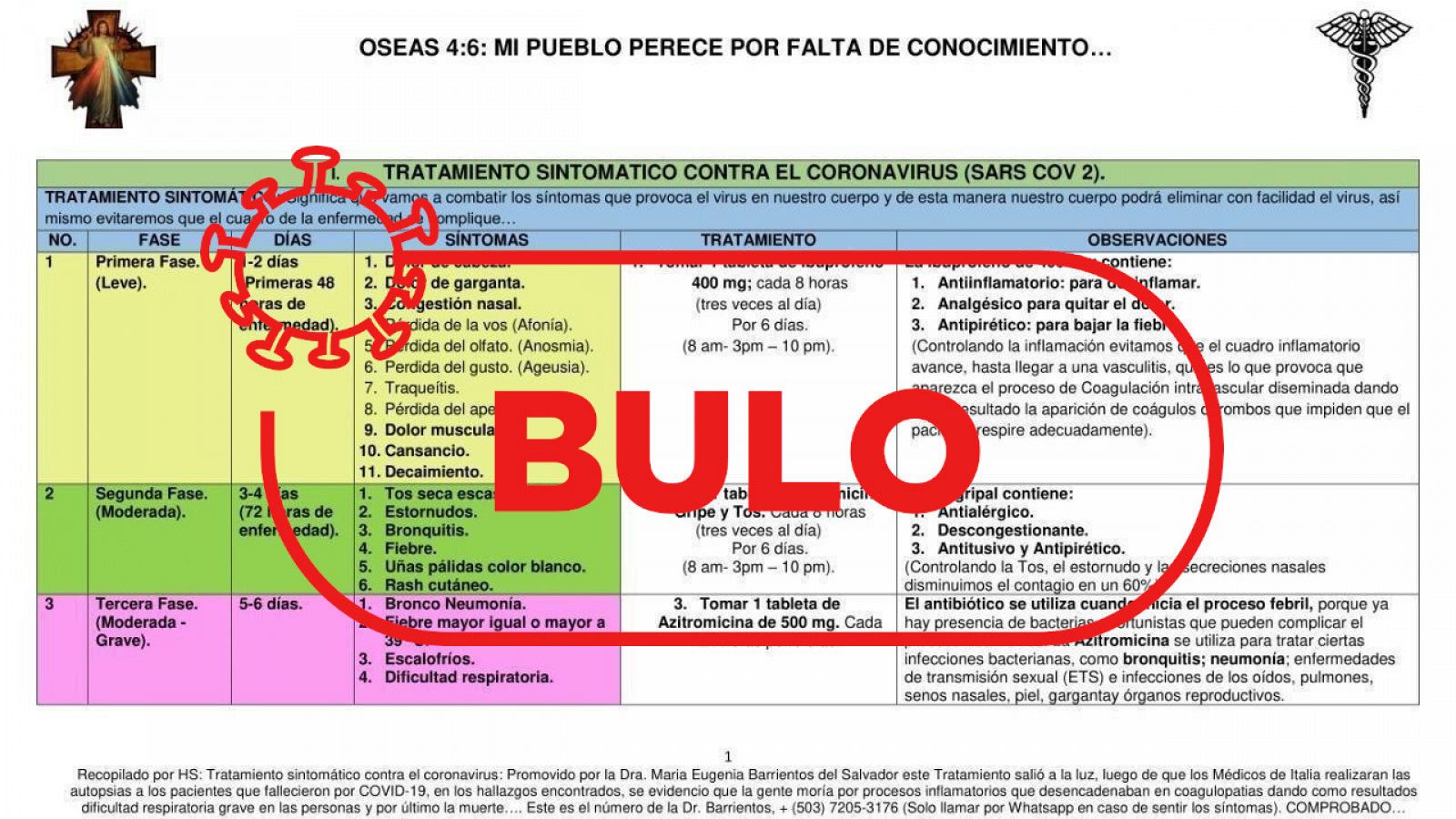 Captura de la tabla con los bulos médicos ofrecidos por la doctora salvadoreña y el sello de bulo de Verifica RTVE.