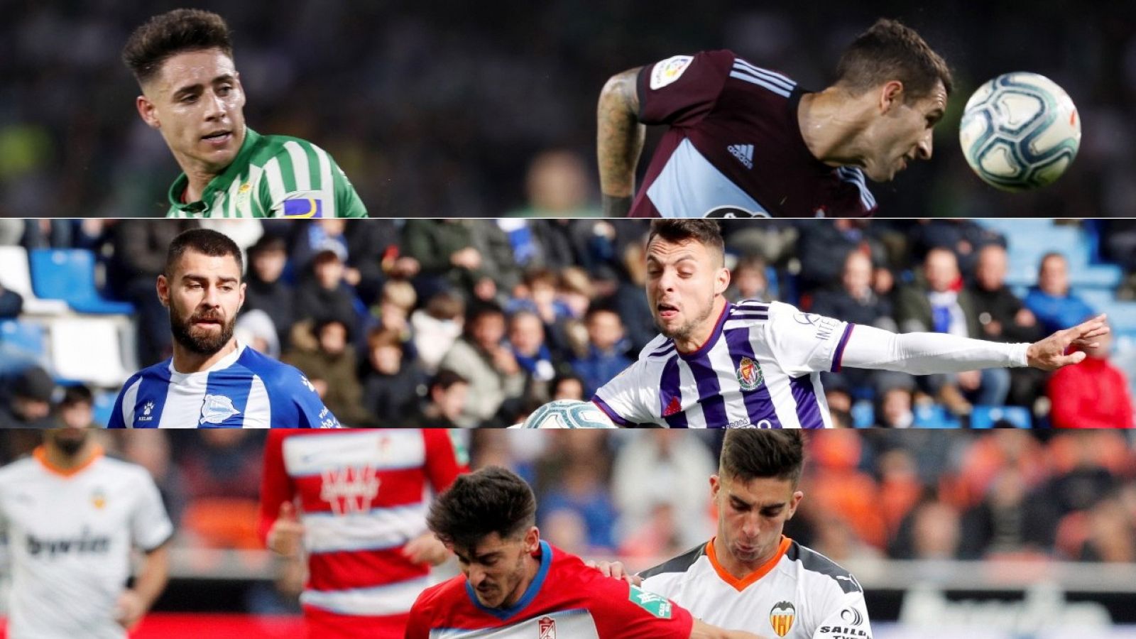 Montaje con imágenes de los partidos Betis-Celta, Alavés-Valladolid y Valencia-Granada.