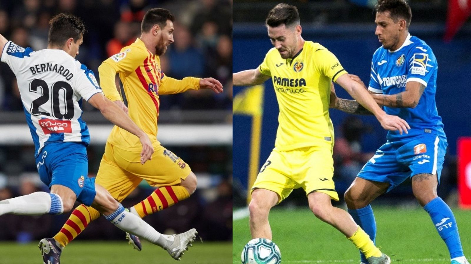 Dos lances del juego del Espanayol-Barcelona y Villarreal-Getafe de Liga.