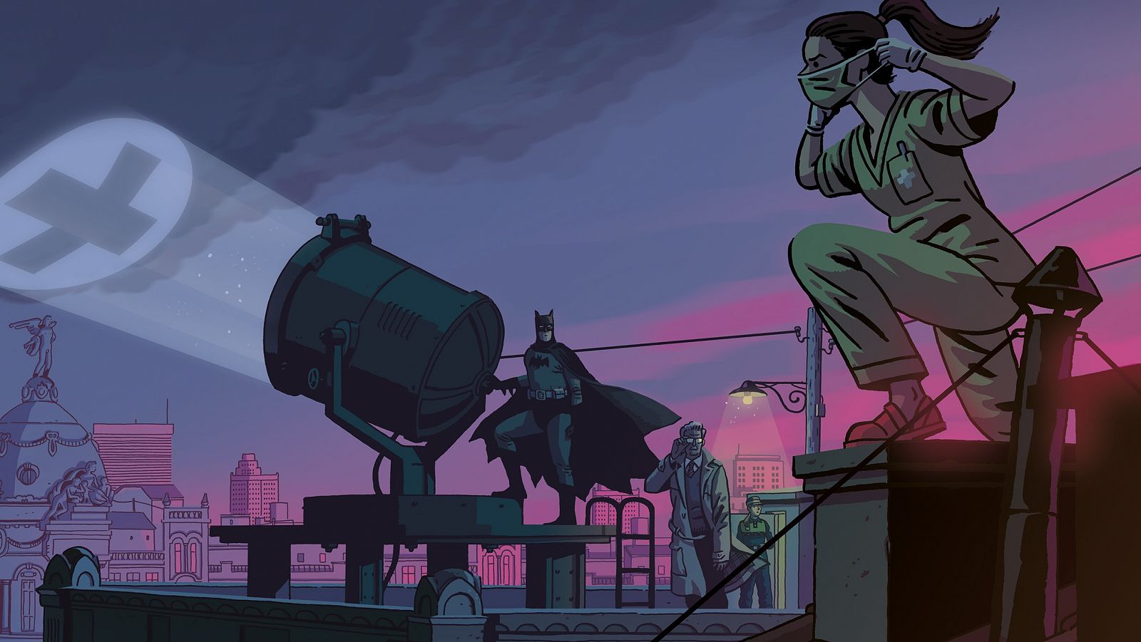 Ilustración de Paco Roca que muestra a una sanitaria acudienco en auxilio de Batman