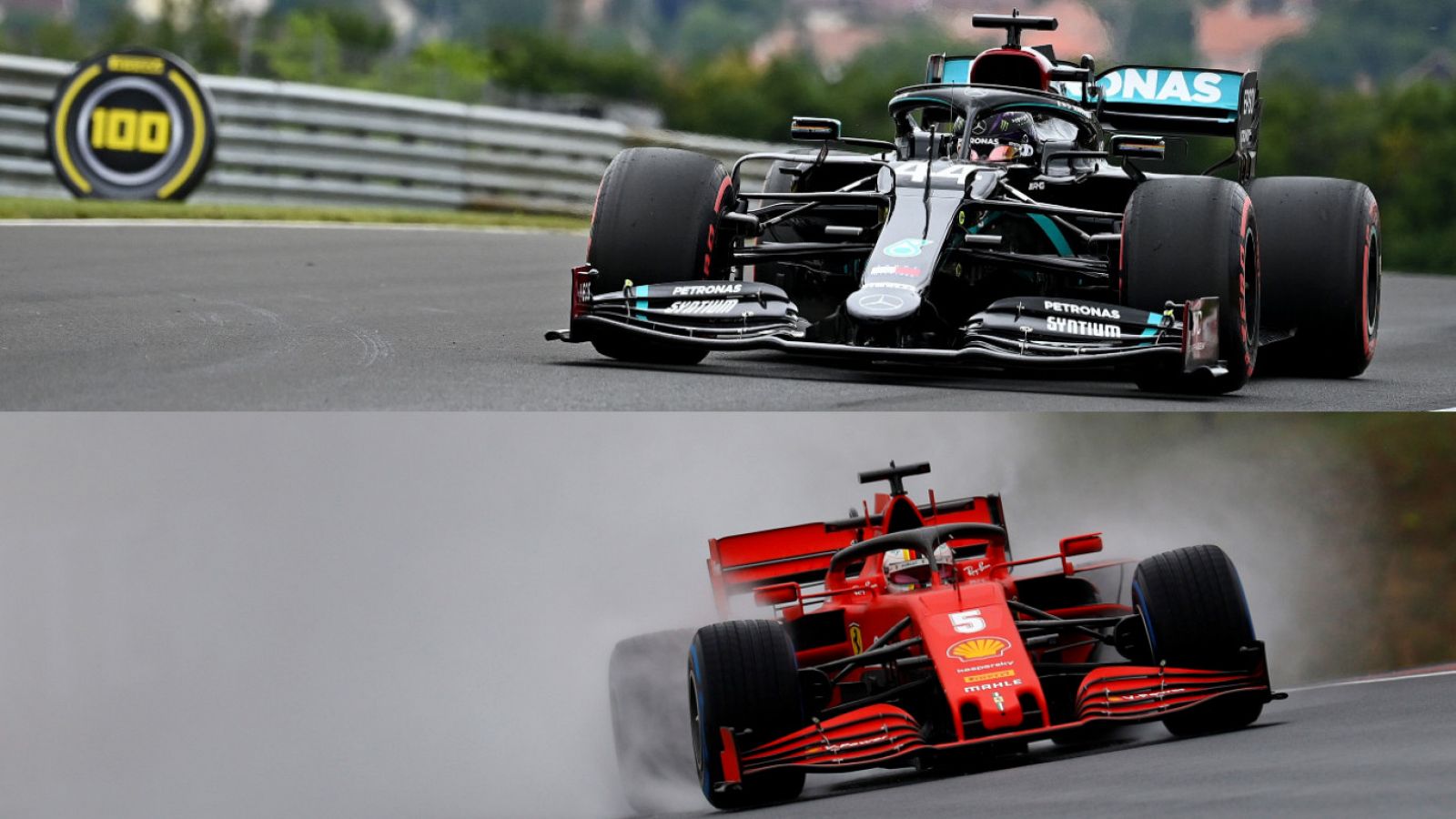 Combinación de imágenes de Hamilton (arriba) y Vettel, en los entrenamientos de este viernes