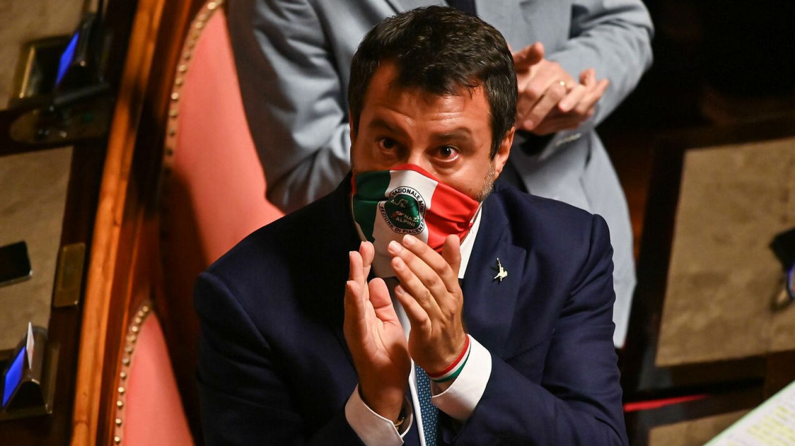El senador italiano y líder del partido Lega, Matteo Salvini, tras su discurso el 30 de julio en el Senado antes de las votaciones sobre si debería ser despojado de su inmunidad parlamentaria.