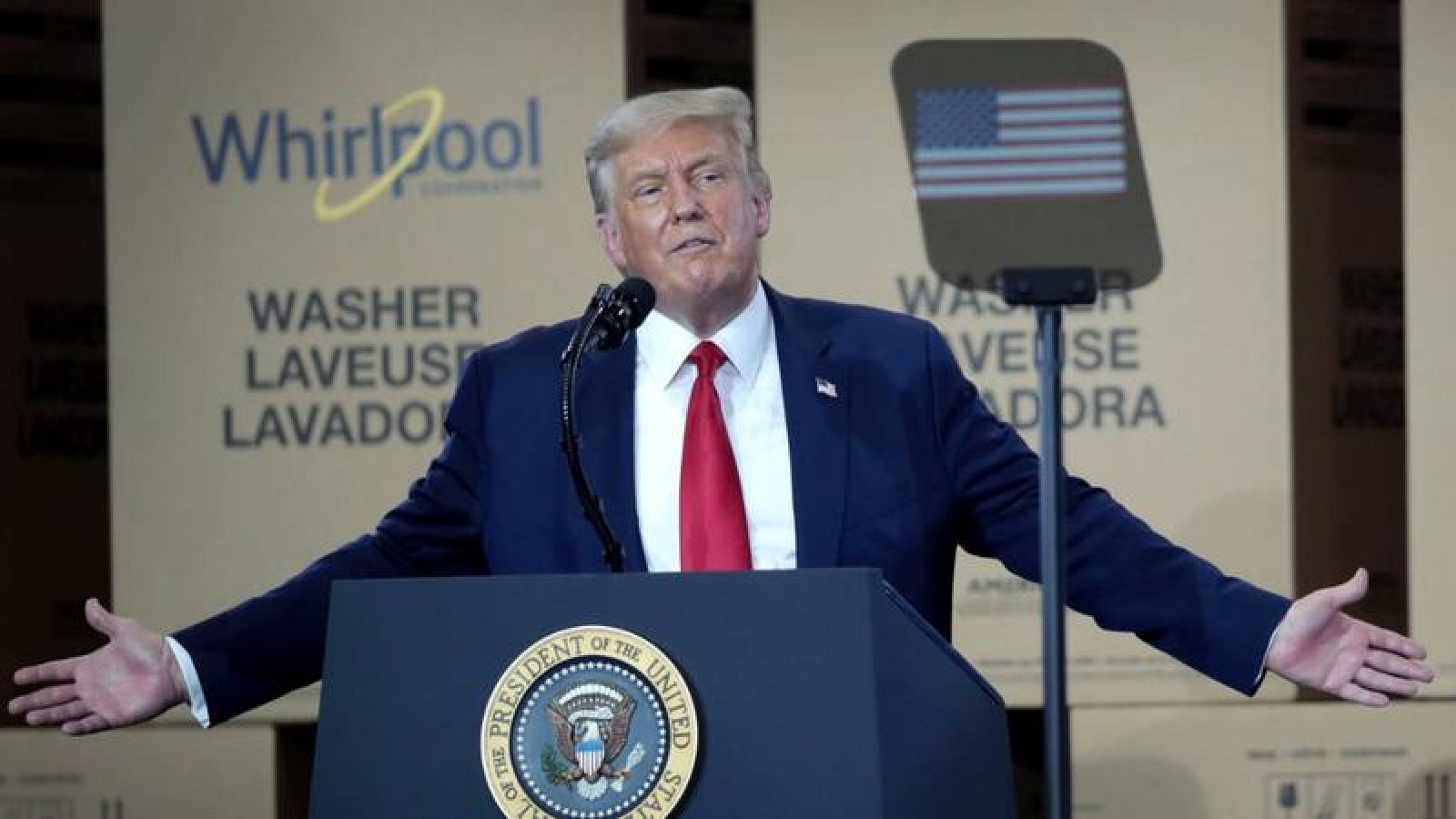 El presidente de EE.UU., Donald Trump, durante su discurso a los trabajadores de una fábrica de Whirlpool en Clyde, Ohio, el jueves 6 de agosto de 2020. 