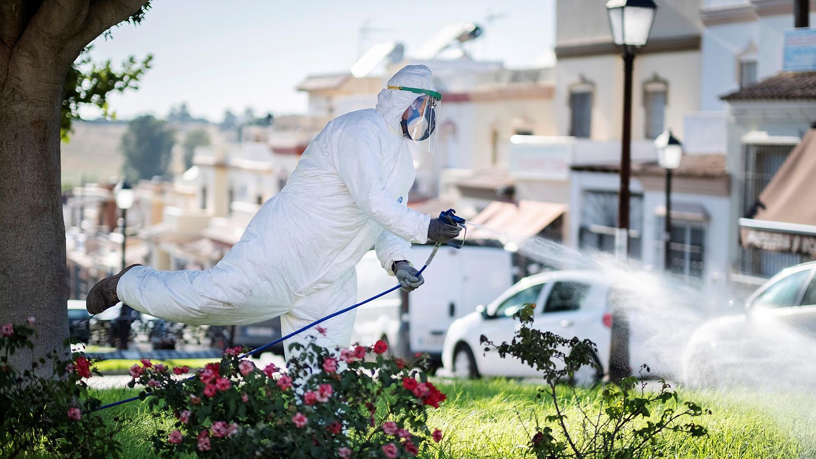 Imagen de un operario fumigando unos jardines en La Puebla del Río, Sevilla, en un intento del Ayuntamiento por detener al virus del Nilo.