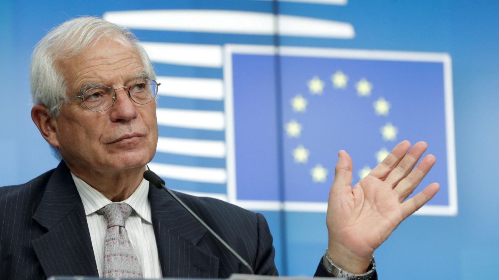 El alto representante de la UE para la Política Exterior, Josep Borrell, en una rueda de prensa al término de un Consejo centrado principalmente en la crisis bielorrusa