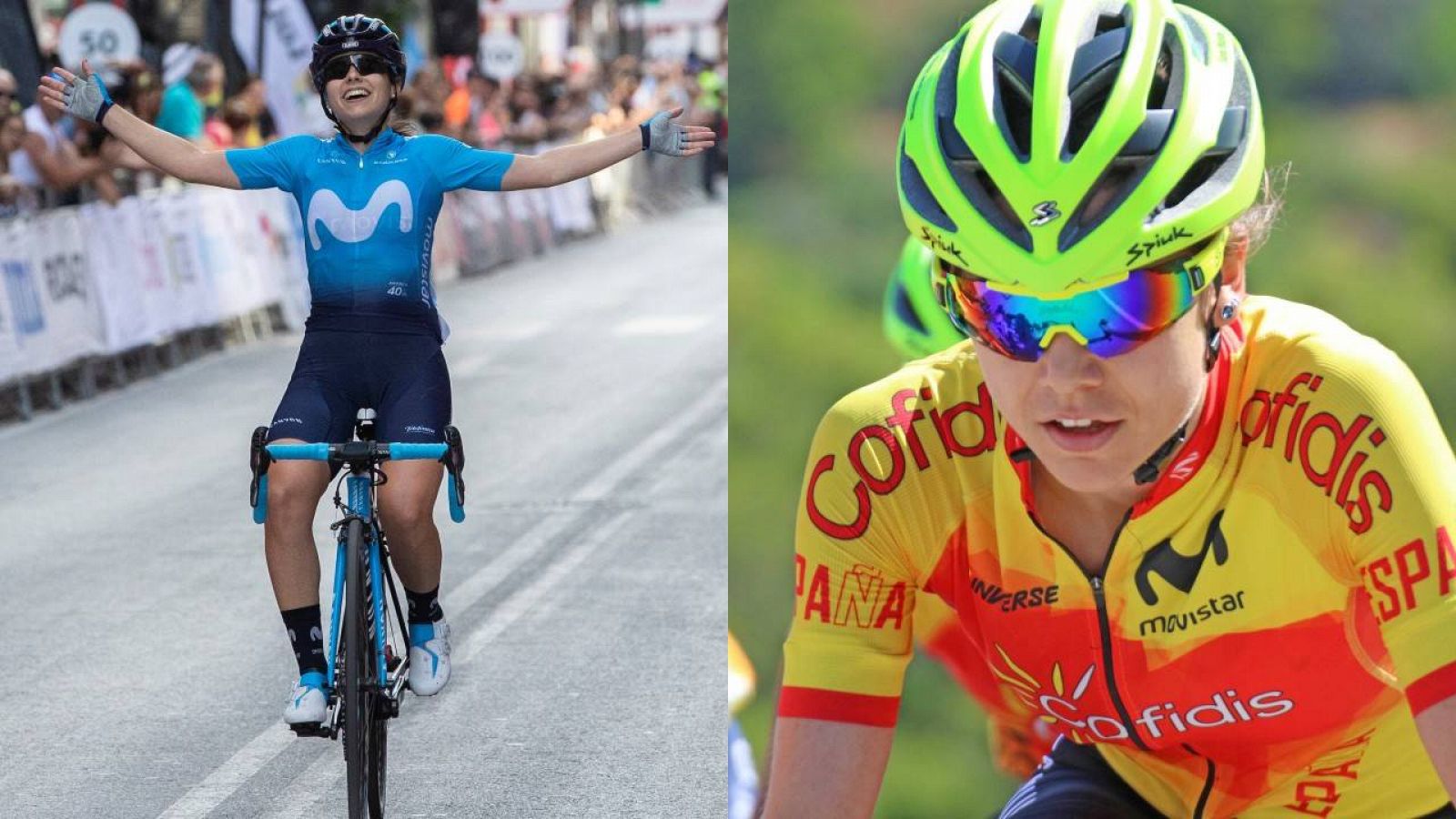 La ciclista del Movistar Team, Lourdes Oyarbide, (i) y la ciclista del Team Sopela, Sara Martín (d)