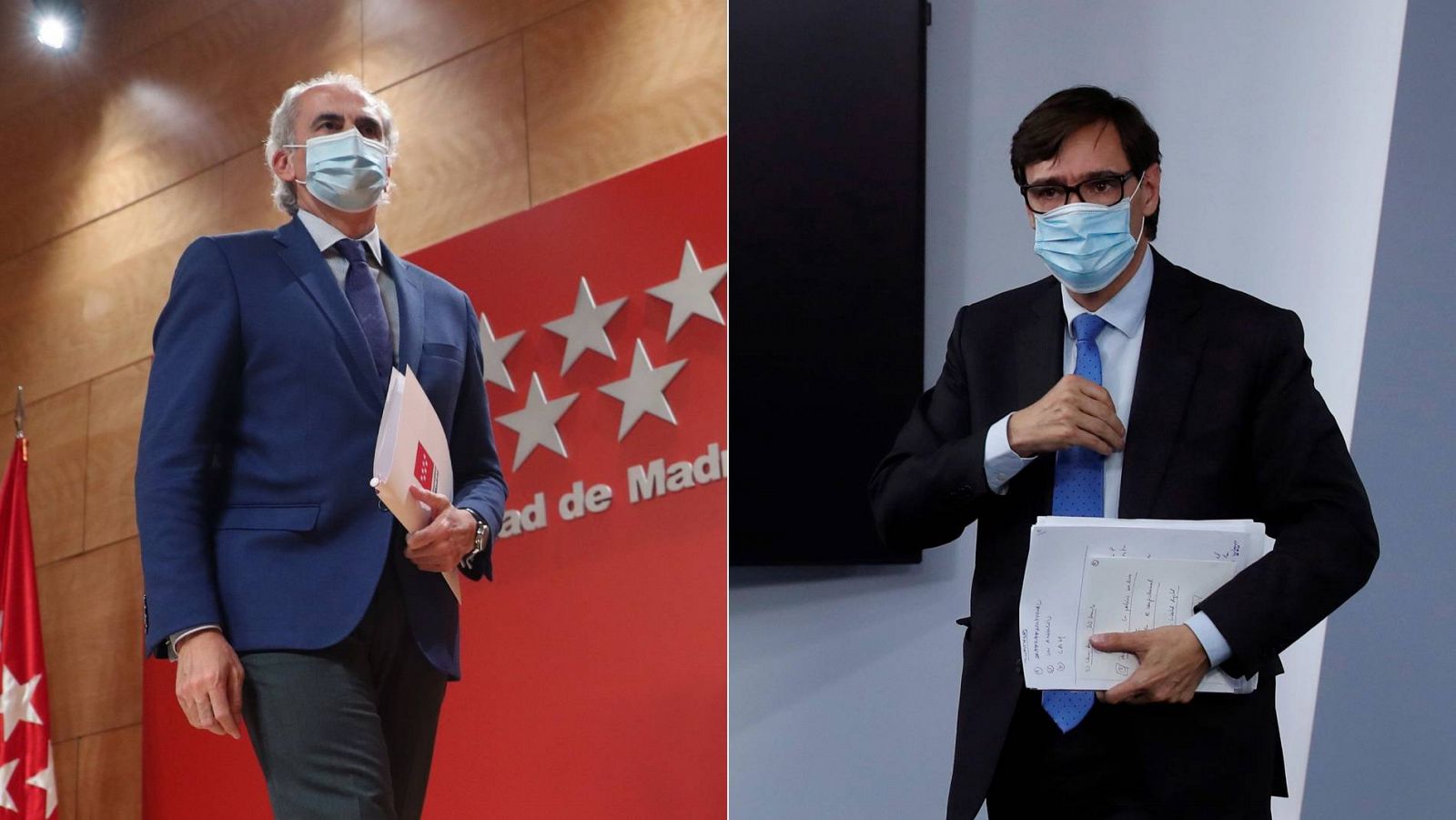 El consejero de Sanidad de la Comunidad de Madrid, Enrique Ruiz Escudero, frente al ministro de Sanidad, Salvador Illa