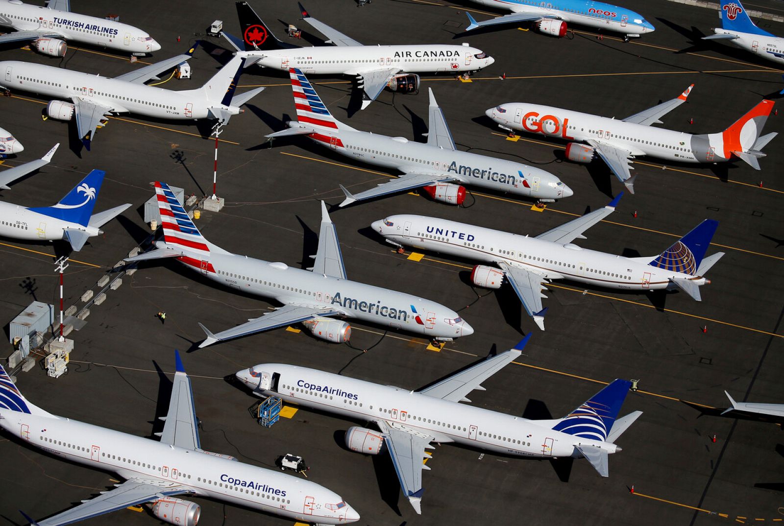 Aviones Boeing 737 MAX en un estacionamiento de la compañía en Seattle, Washington, Estados Unidos.