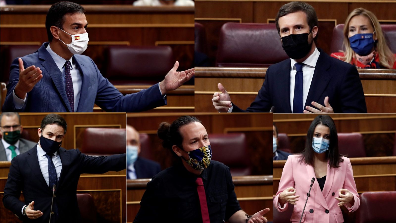 Pedro Sánchez, Pablo Casado, Santiago Abascal, Pablo Iglesias e Inés Arrimadas, en sesión de control en el Congreso.