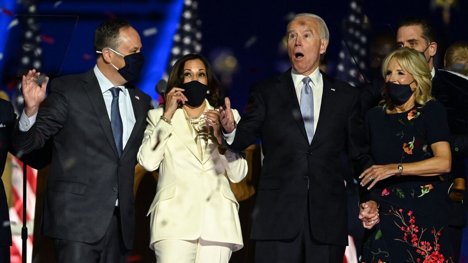 Joe Biden y Kamala Harris celebran su victoria en Delaware. Foto: Jim WATSON / AFP.