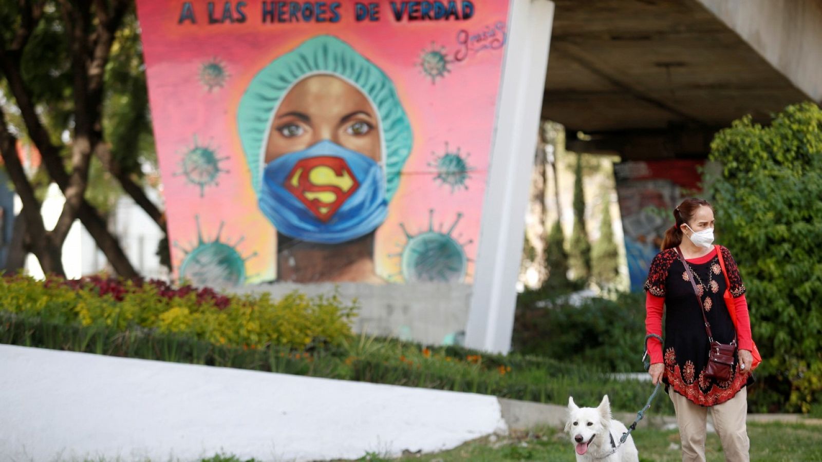Una mujer con mascarilla paseando a su perro por una calle de Ciudad de México.