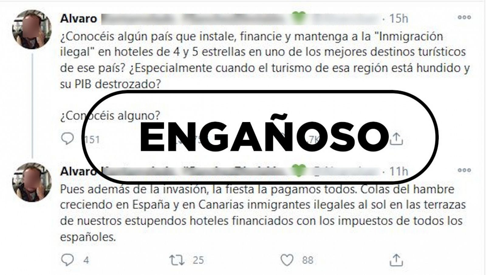 Captura de uno de los tuits con desinformación sobre hoteles de lujo e inmigranes en Canarias.