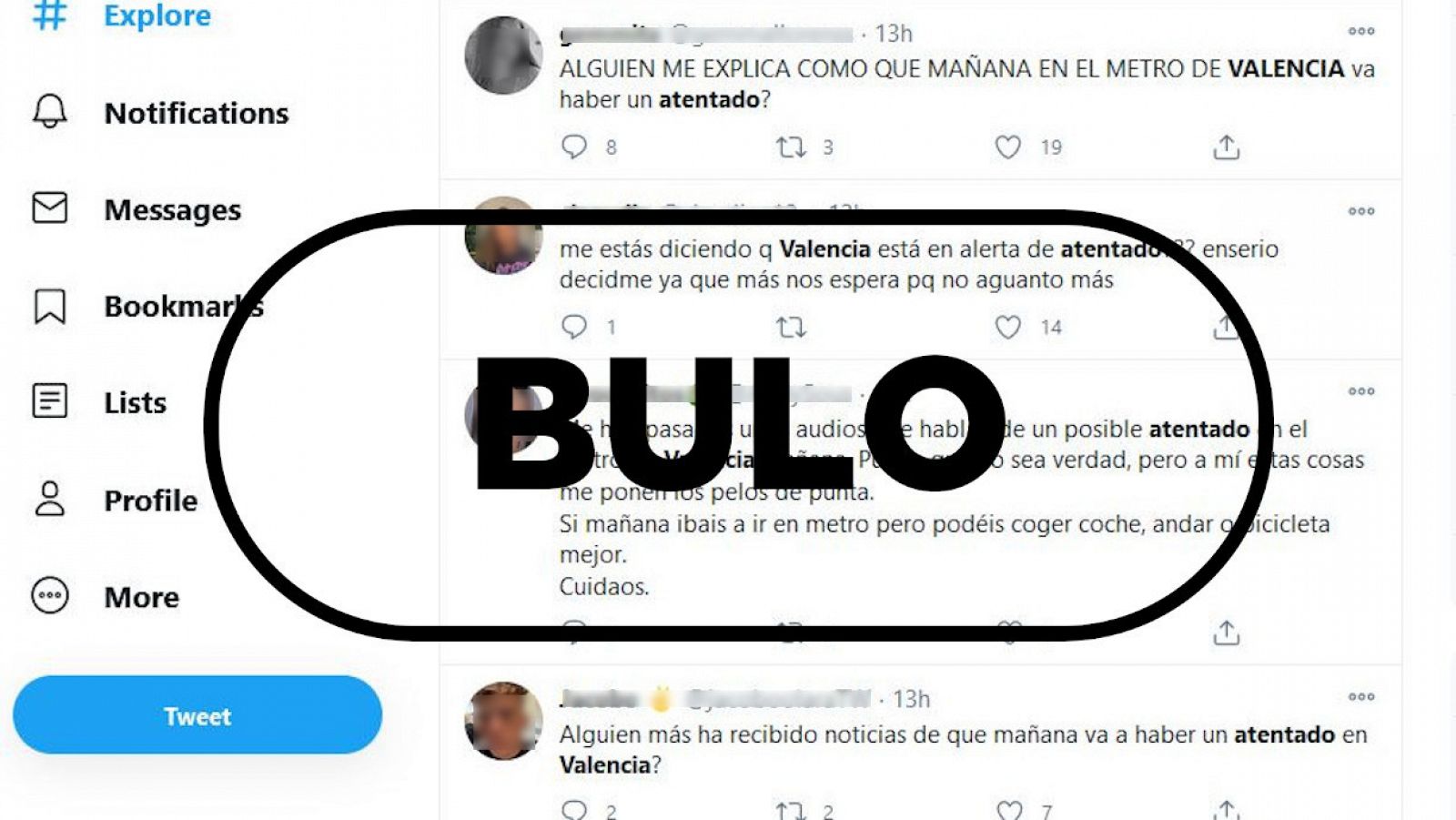 Captura con algunos de los tuits comentando el bulo del atentado en Valencia.
