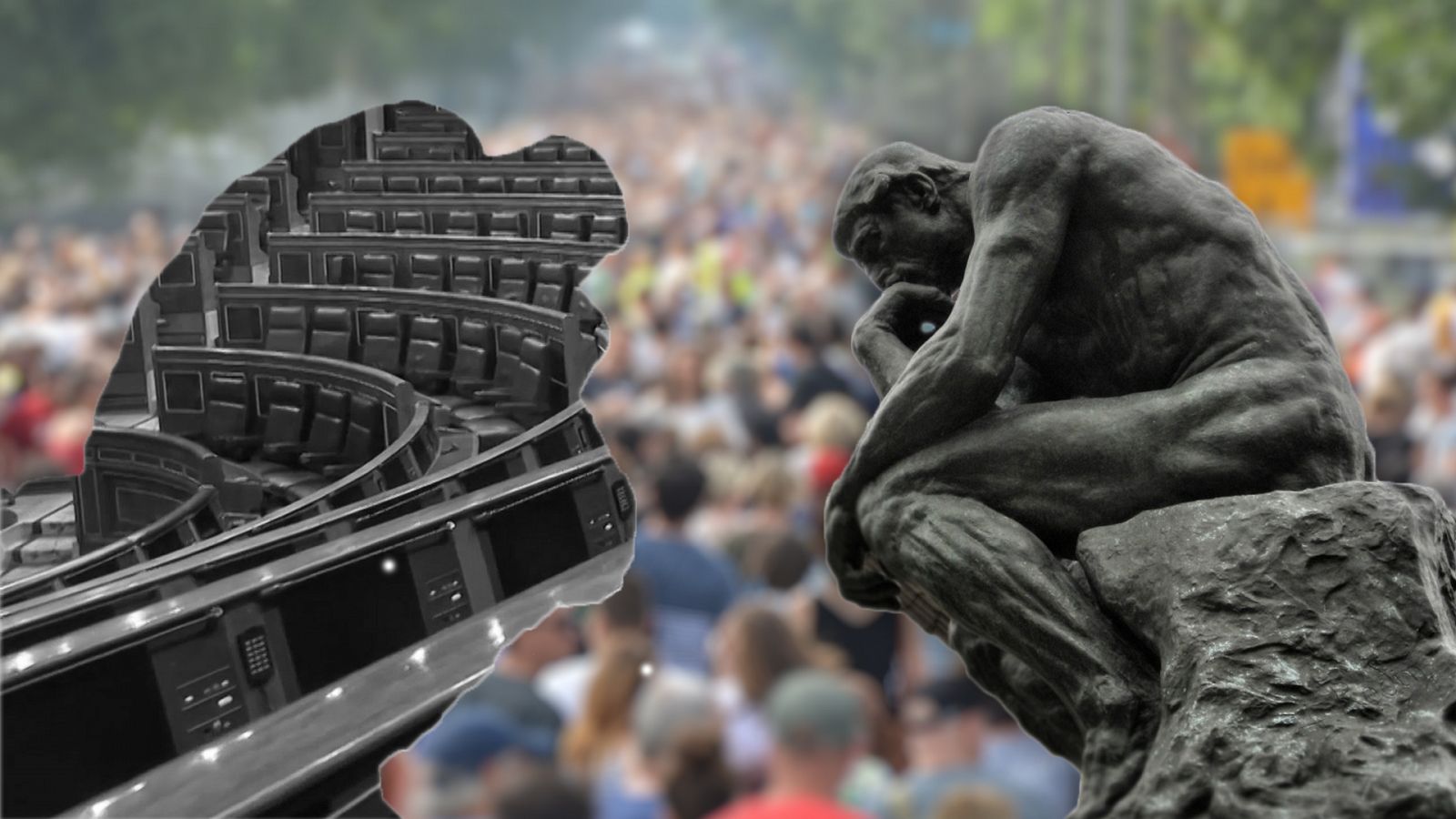  Escultura del pensador enfrentada a sí misma en una versión que siluetea el congreso de los diputados sobre una imagen de fondo de una manifestación masiva.