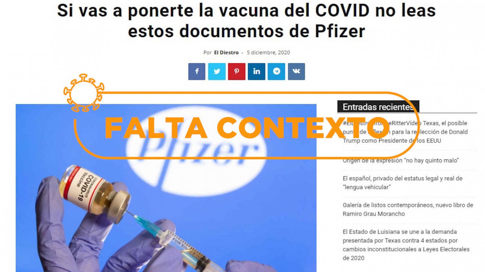 Captura con la información engañosa publicada en un diario digital y el sello de Verifica RTVE indicando que "Falta contexto".