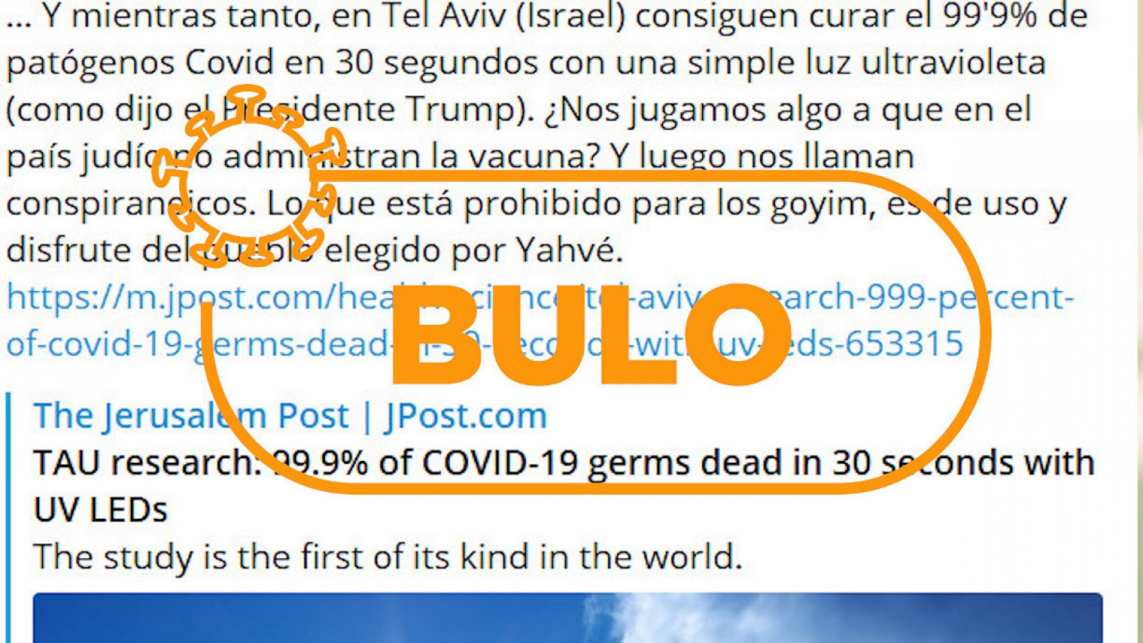 Detalle del falso mensaje sobre Israel y su solución contra el coronavirus con el sello de bulo.