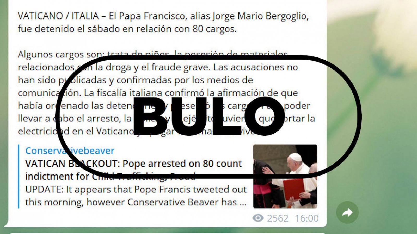 Detalle del bulo sobre la falsa detención del Papa con el sello correspondiente de bulo.