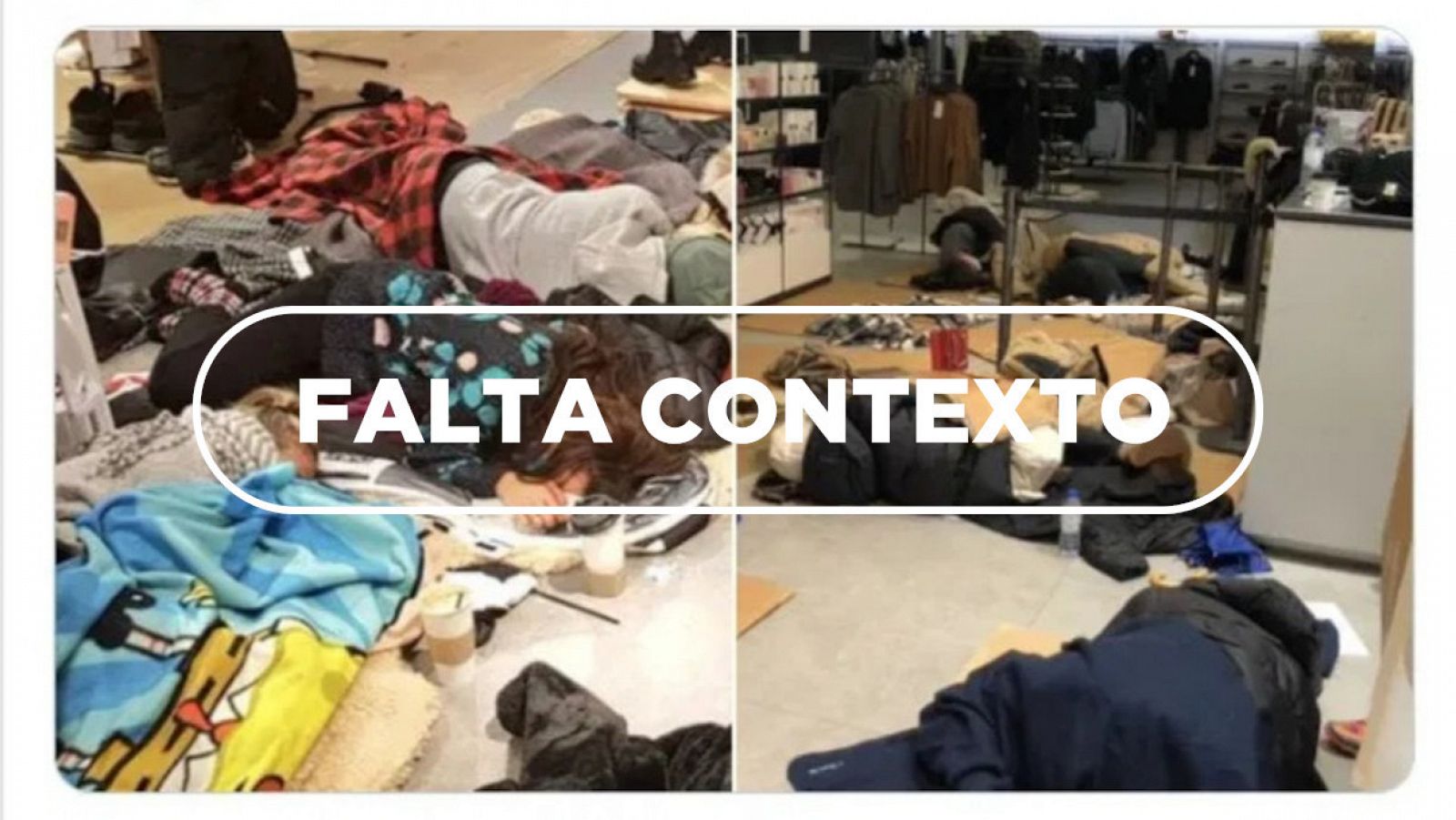 Empleados de Zara duermen sobre cartones en el suelo de la tienda con el sello de Falta contexto.
