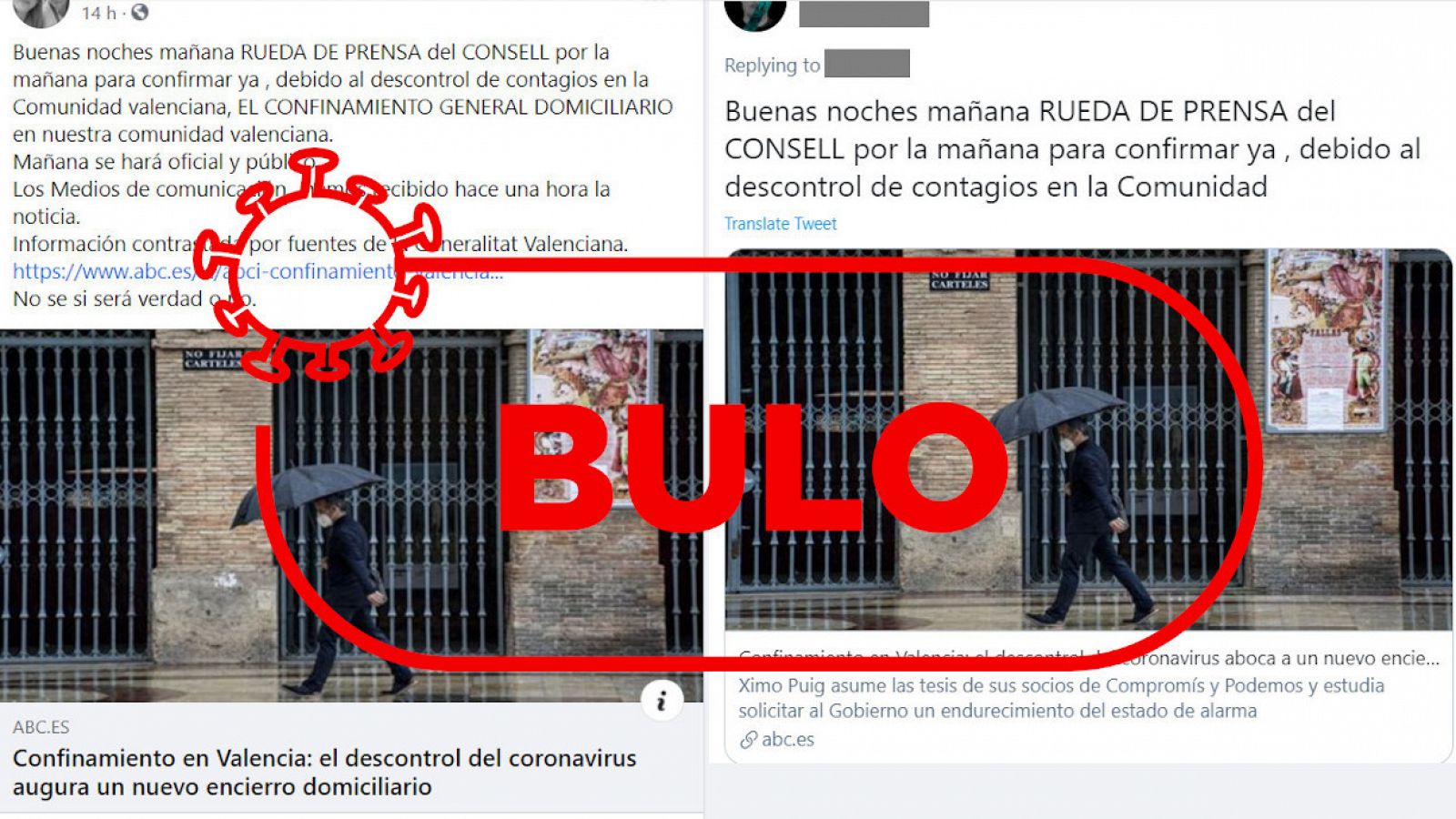 Capturas del falso anuncio de rueda de prensa y confinamiento de la Comunidad Valenciana en Twitter.