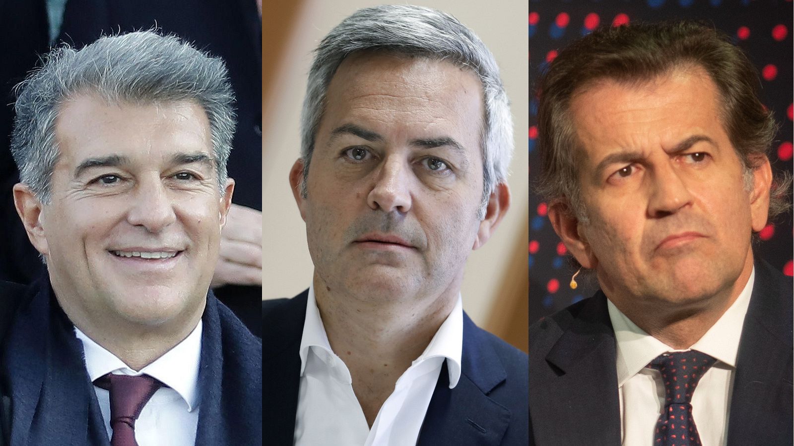 Fotomontaje con los tres candidatos a las elecciones del Barça: Laporta, Font y Freixa (de izquierda a derecha)
