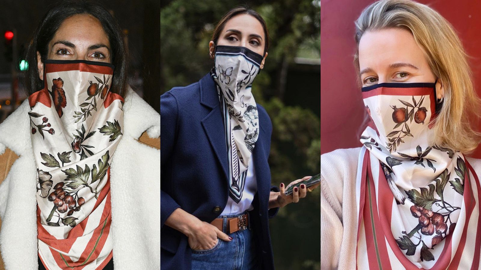 Eugenia Silva, Tamara Falcó y María Léon con los pañuelos-mascarilla de Bárbara Pan para Kausi.