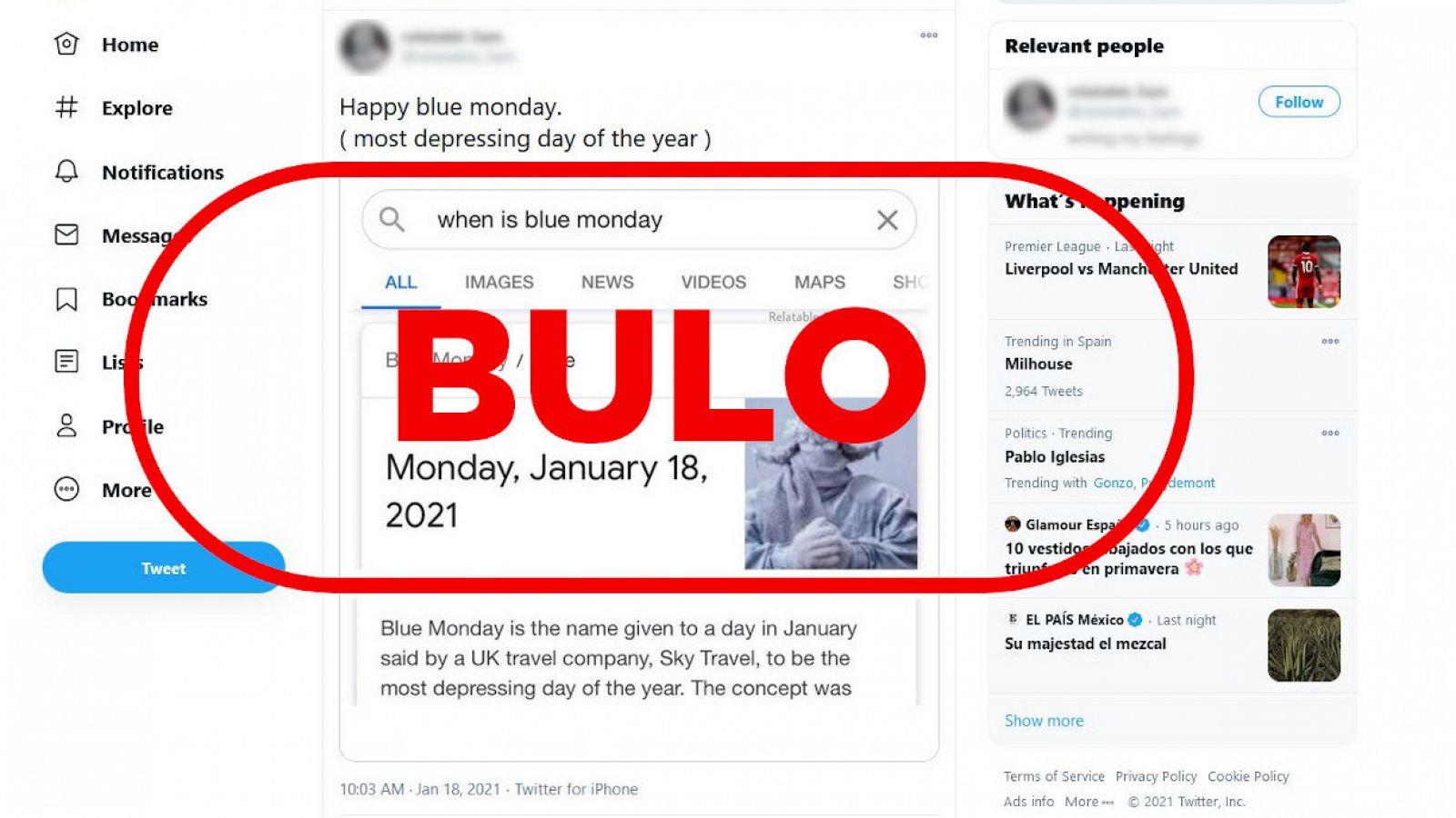 Captura de un tuit con el bulo de la falsa conmemoración y el sello de VerificaRTVE con la palabra bulo.