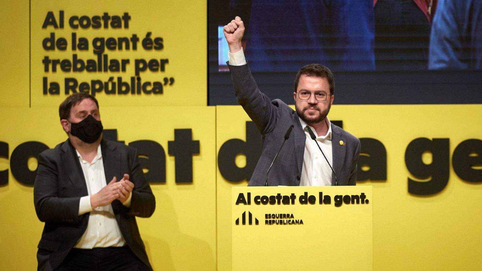 El candidato de ERC a la presidencia de la Generalitat, Pere Aragonés, durante su intervención en el acto central del partido