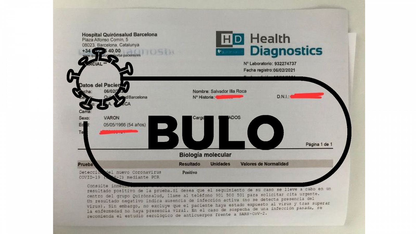 Documento manipulado para simular una PCR de Salvador Illa, con el sello de bulo de VerificaRTVE