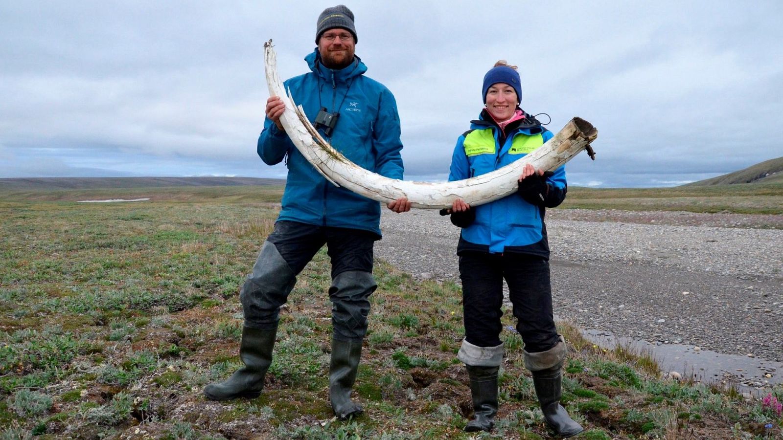 Love Dalén y la coautora Patrícia Pecnerová con un colmillo de mamut en la isla de Wrange, Siberia.