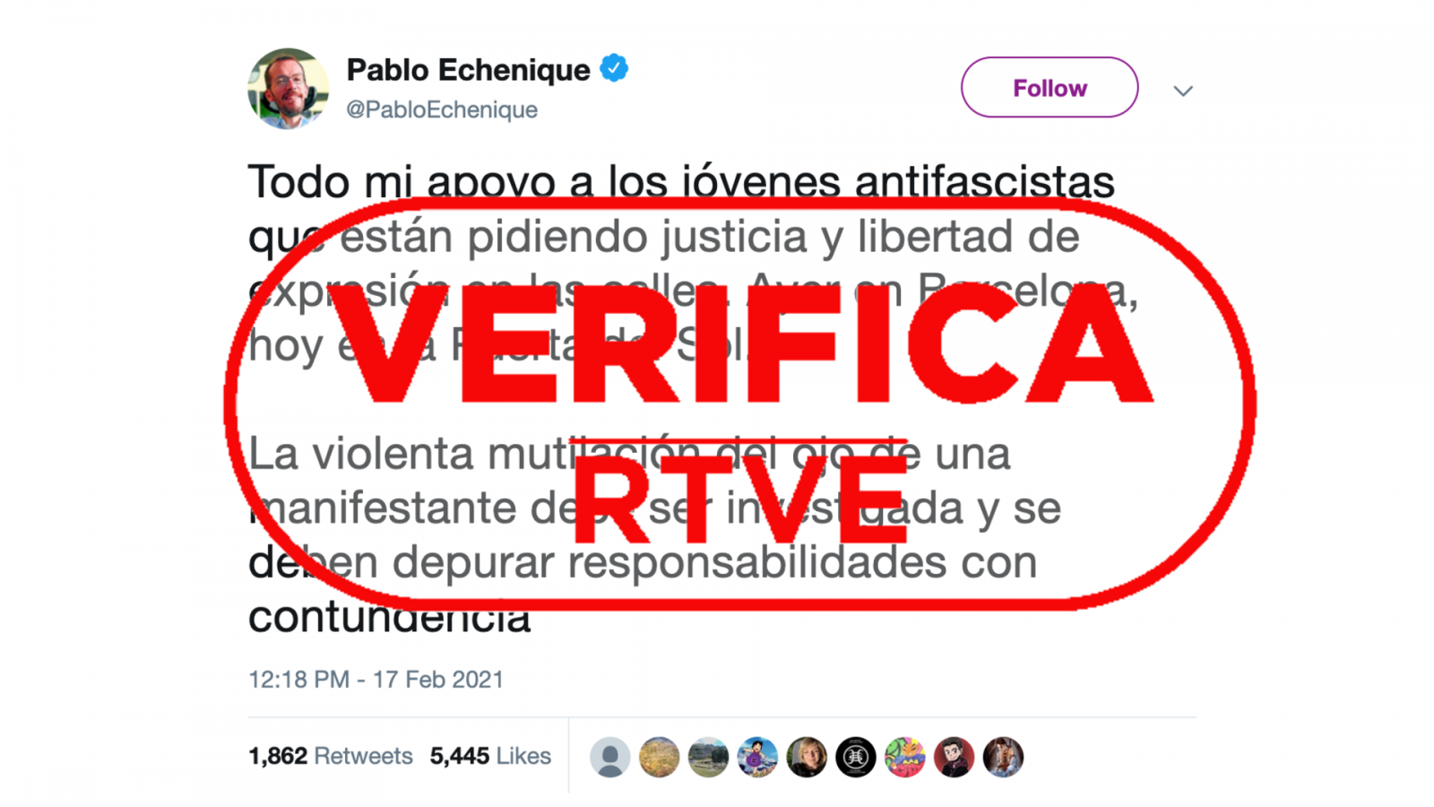 Mensaje de Twitter de Pablo Echenique en el que apoya a los manifestantes antifascistas