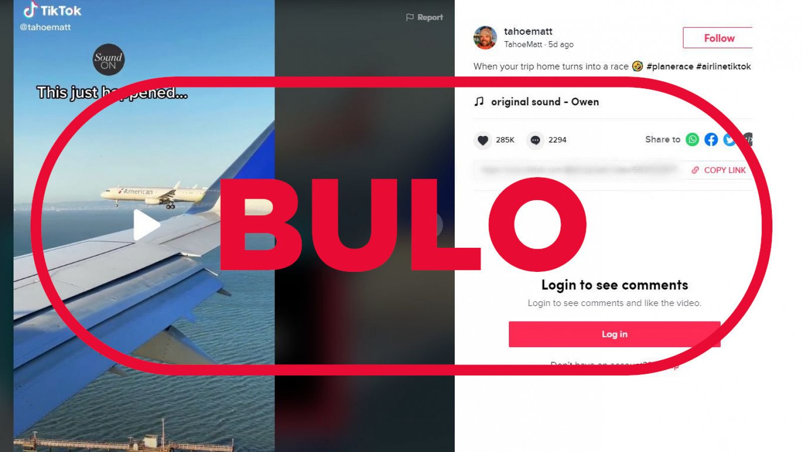 Imagen del video de TikTok de dos aviones volando en paralelo con el sello bulo en rojo de VerificaRTVE