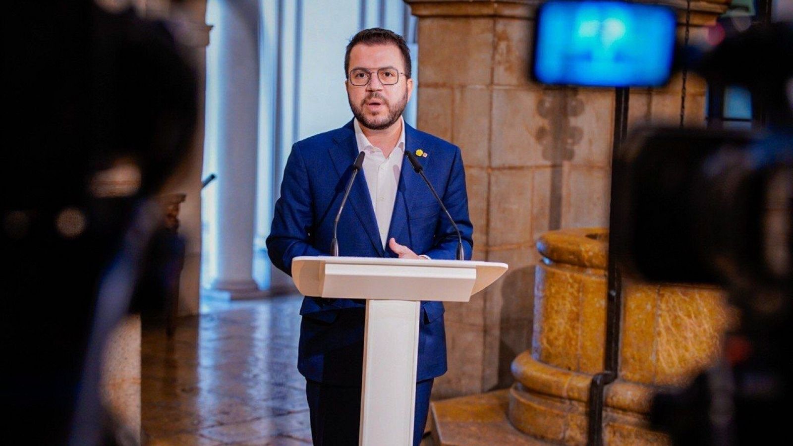 El vicepresidente de la Generalitat y candidato de ERC a la Presidencia, Pere Aragonès, en rueda de prensa en Lleida.