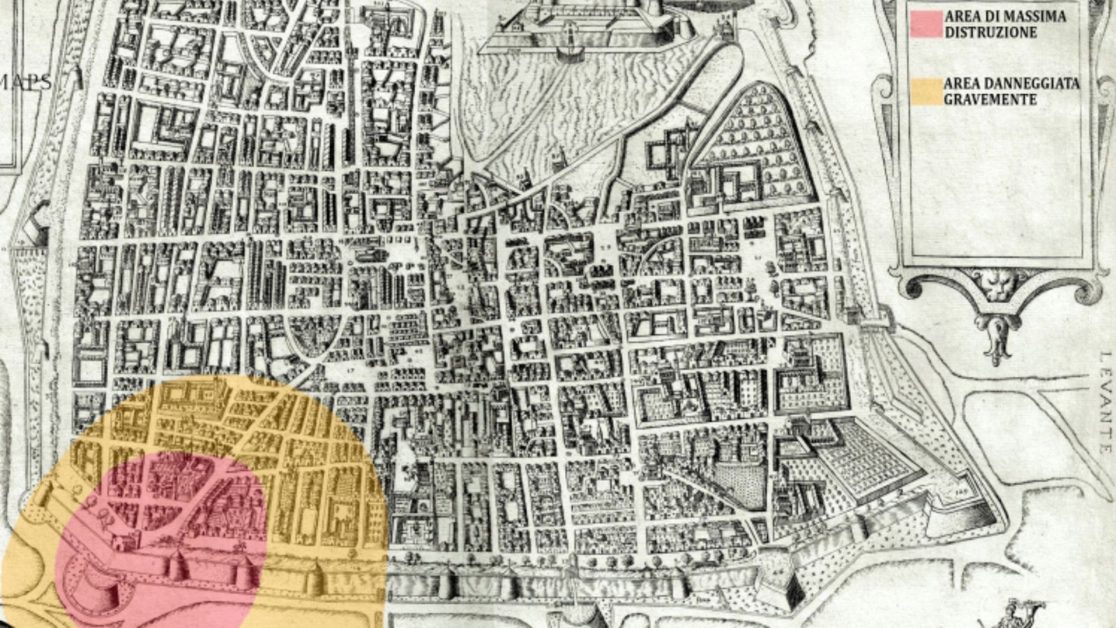 Ilustración del área afectada por la explosión en la ciudad italiana de Brescia en 1769