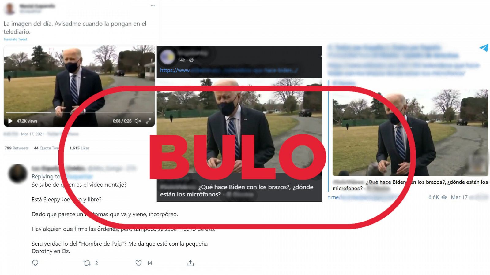 Capturas de pantalla de diversas redes sociales afirmando que el vídeo es un montaje, con el sello Bulo encima