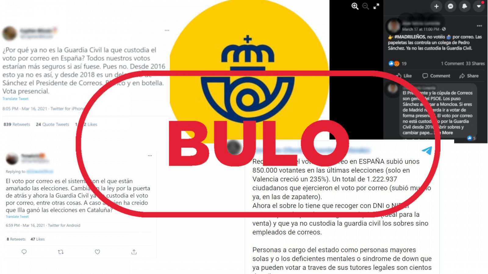 Mensajes de redes sociales que dicen que la Guardia Civil custodiaba el voto por correo con el sello en rojo de bulo de VerificaRTVE