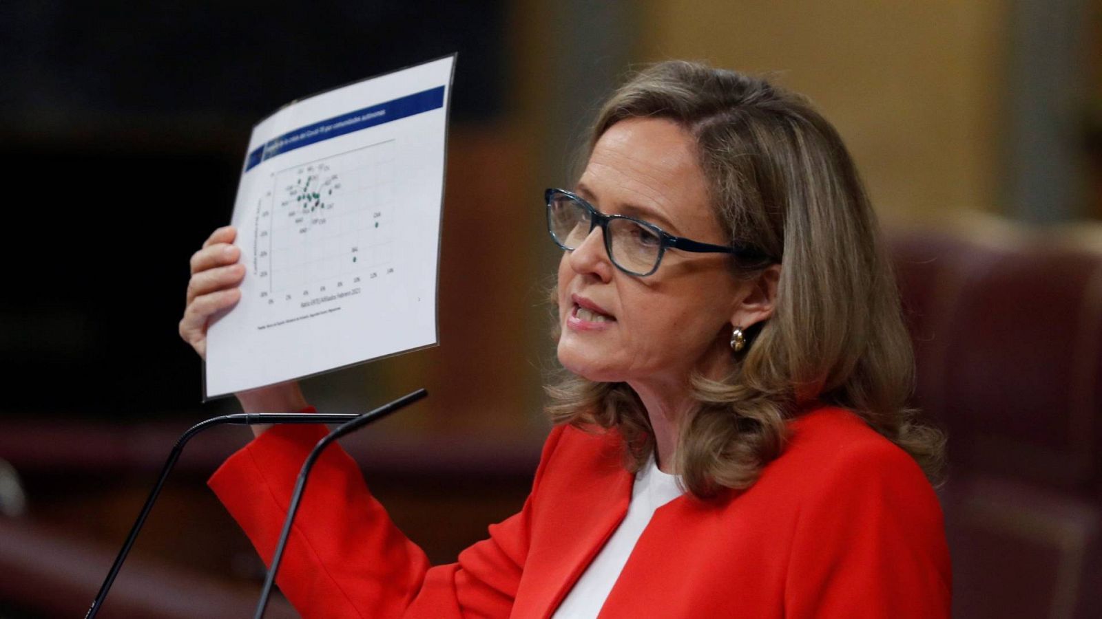 La vicepresidenta económica, Nadia Calviño, durante su intervención en el Congreso