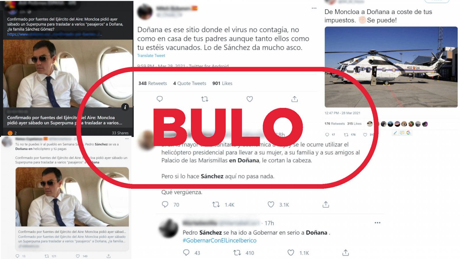 Mensajes de redes sociales que dicen que Sánchez se ha ido a Doñana con el sello bulo en rojo de VerificaRTVE