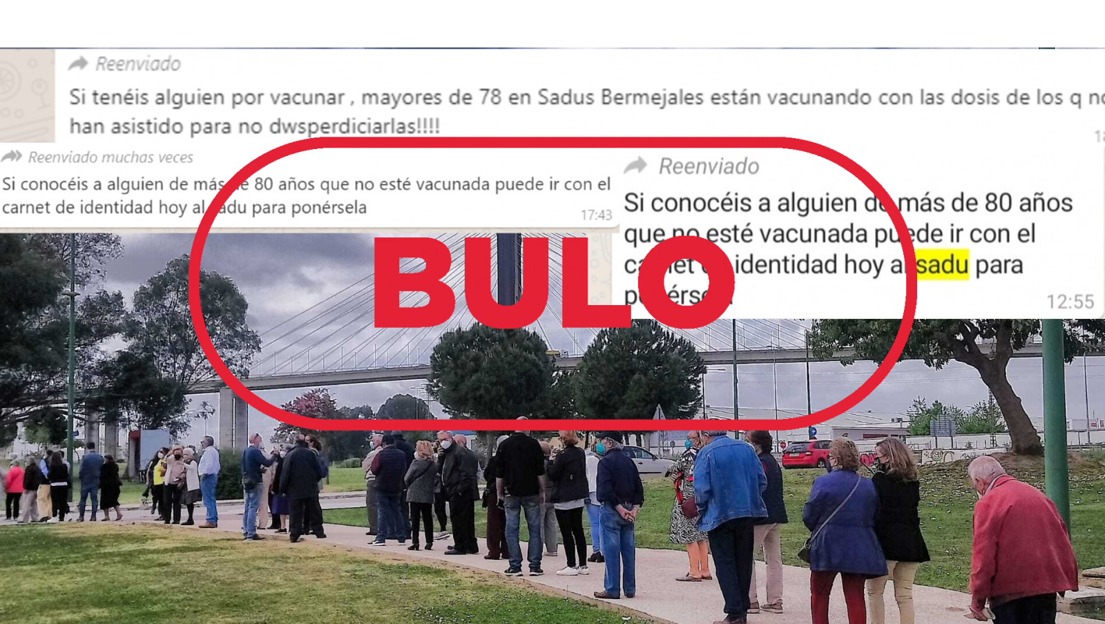 Imagen de las colas en el polideportivo de Los Bermejales y los mensajes de Whatsapp con el sello bulo en rojo de VerificaRTVE