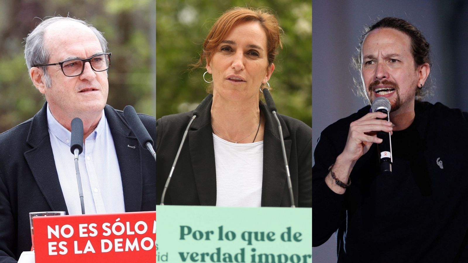 Ángel Gabilondo (PSOE), Mónica García (Más Madrid) y Pablo Iglesias (Unidas Podemos) en diferentes mítines este sábado