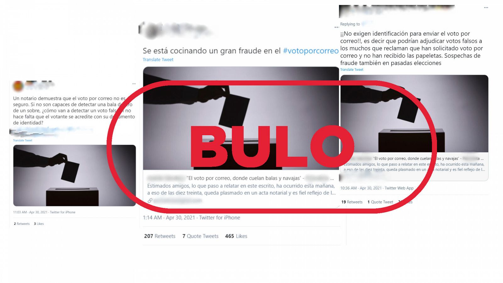 Imagen de tres tuits que reproducen el bulo de que se puede votar por correo sin presentar el DNI con el sello bulo en rojo de VerificaRTVE