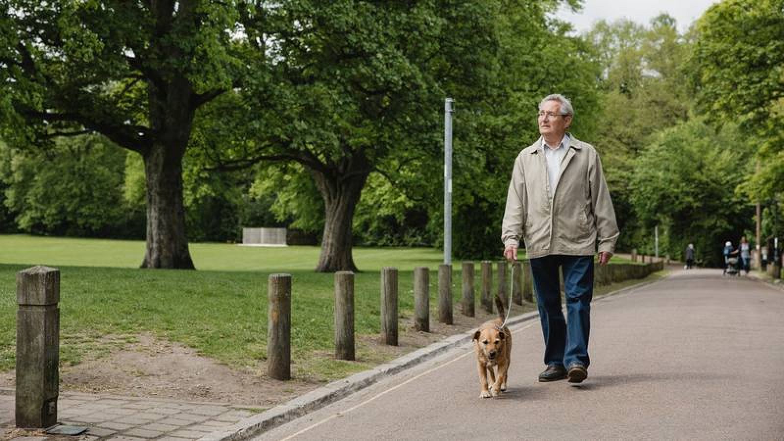 Un jubilado paseo con su perro por el parque