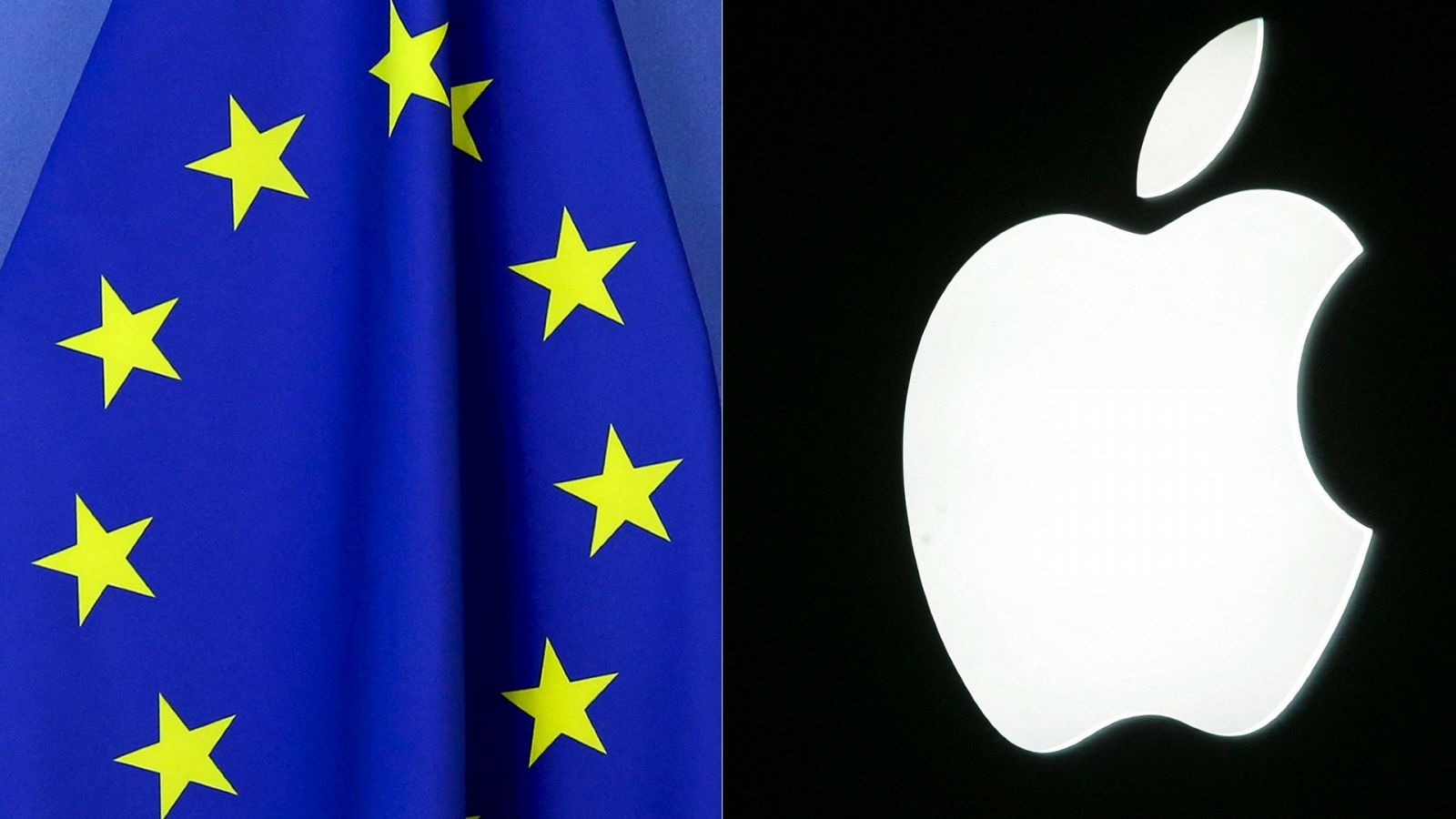 Fotomontaje de una bandera de la Unión Europea (i) y un logo de la compañía tecnológica estadounidense Apple (d).