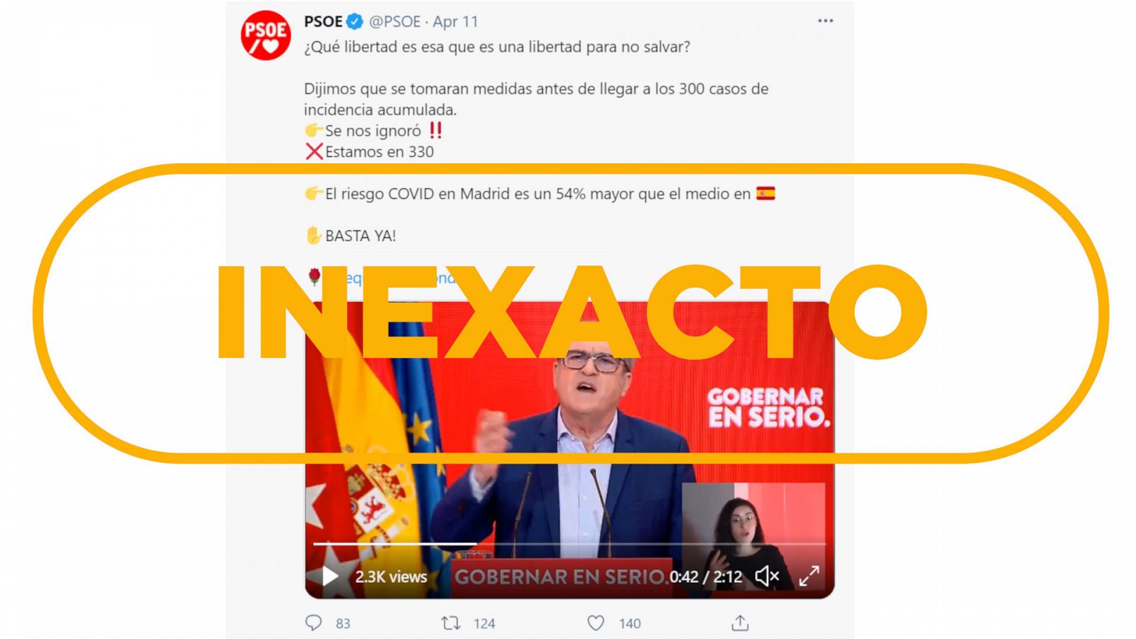 Imagen de un tuit del PSOE que dice que en Madrid hay un riesgo un 54% mayor de muerte por coronavirus, con el sello inexacto en naranja de VerificaRTVE